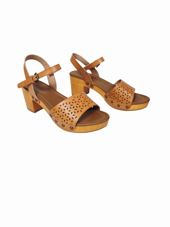 Cushionaire Shoes - Women's Tan Woodgrain Look Laser-Cut Block Heel Sandals with Ankle Strap